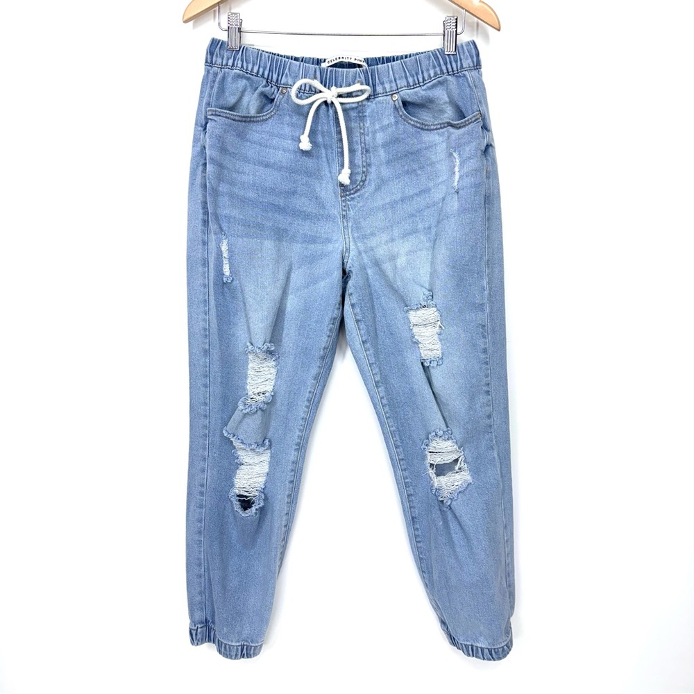 Celebrity Pink Light Wash Distressed Destroyed Jogger Jeans Pull On Beachy Pants